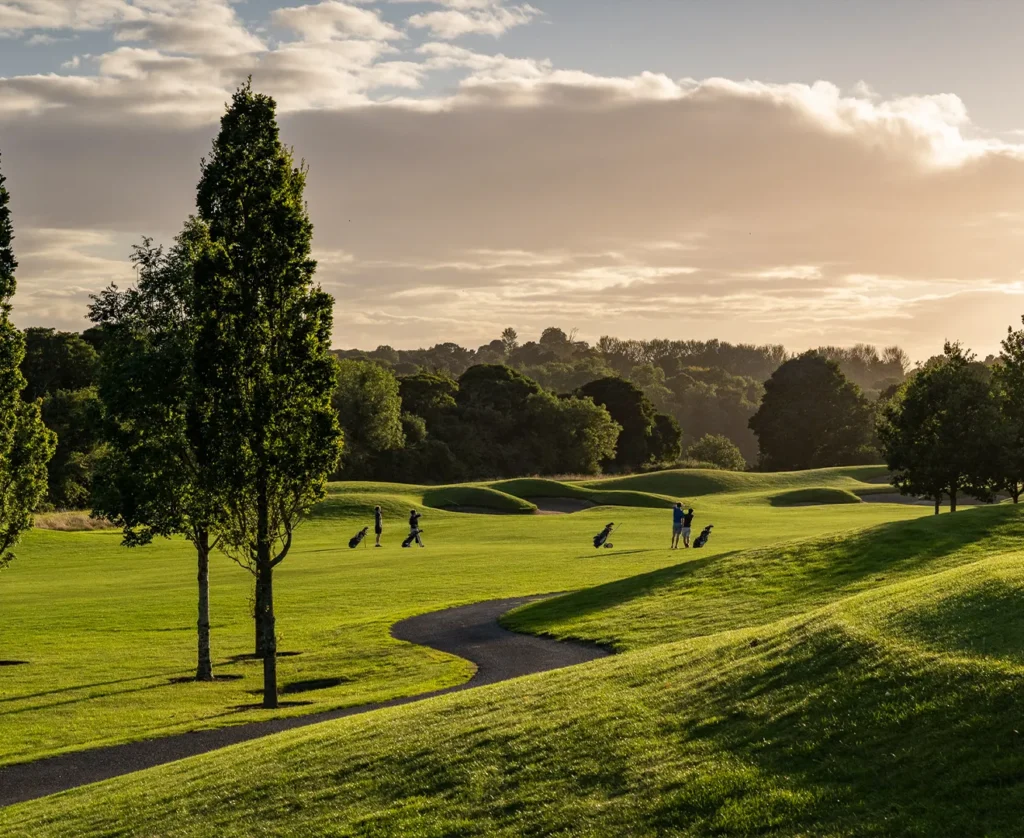 Golfers walking across green in distance